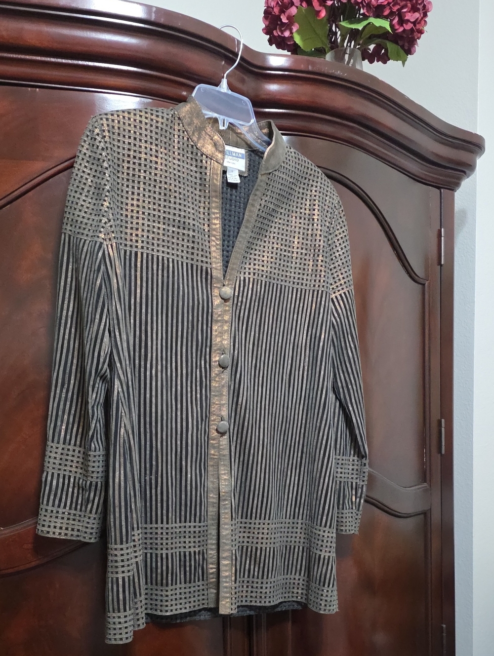 Metallic Trim Striped Long Shirt - Bronze/Black